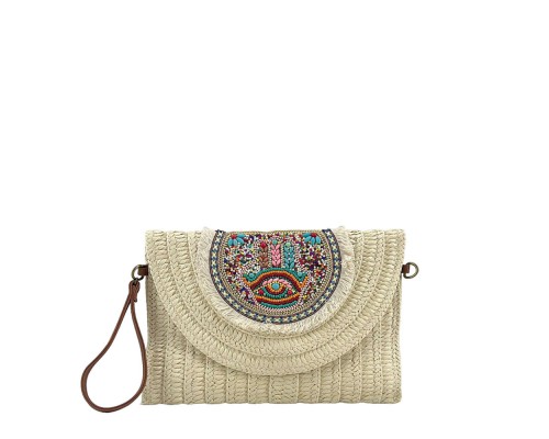 Bolso Cartera Rafia De Mano Y Hombro Abalorios